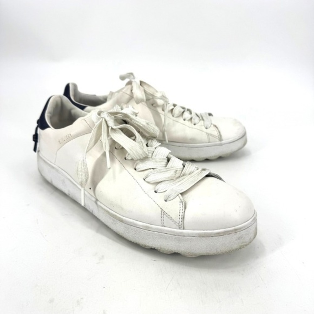 Coach C101 Mens White Leather Low‎ Top Sneakers Navy Heel G1245 Size 13D